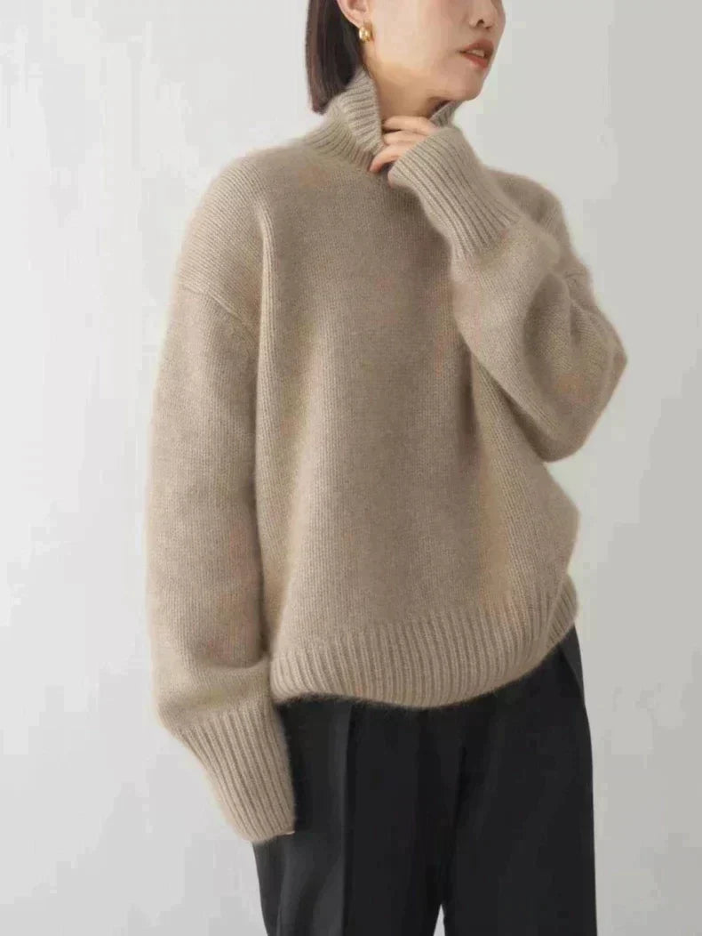Beige soft knit high-neck jumper with ribbed collar and cuffs, long sleeves