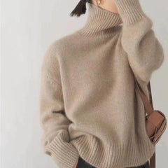 Beige soft knit high-neck jumper with high collar and ribbed knit sleeves