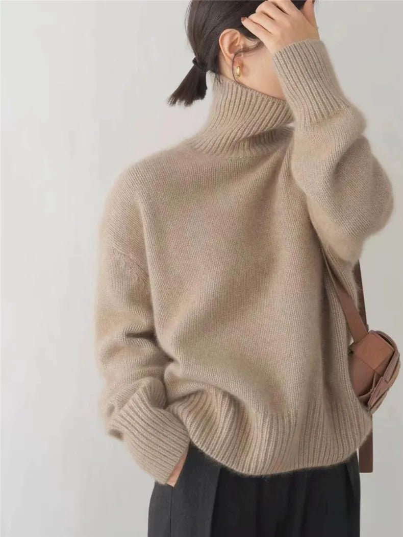 Beige soft knit high-neck jumper with high collar and ribbed knit sleeves