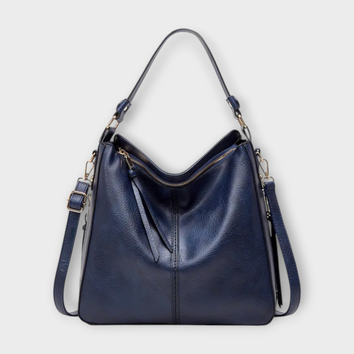 Large hobo bag in navy blue leather-look with front center seam and zipper pocket