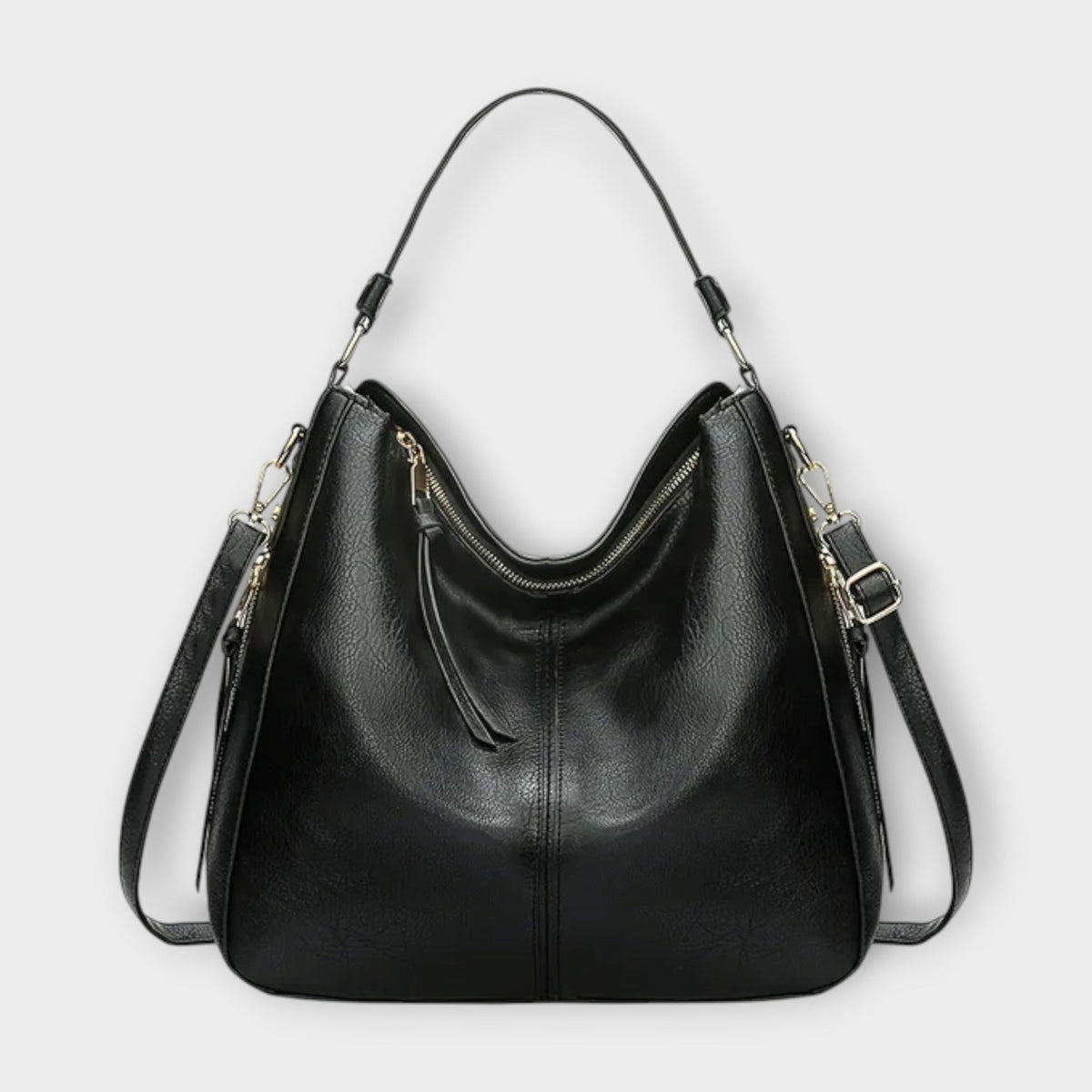 Large hobo bag in black leather-look with front center seam and U-shaped zip pocket