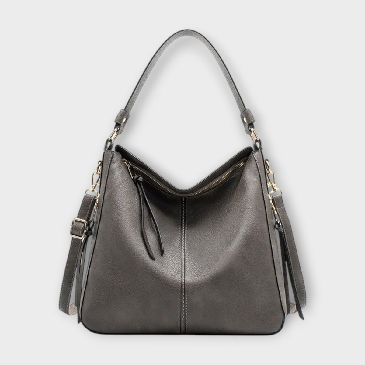 Large hobo bag in gray leather-look with front center seam and hanging side tassels