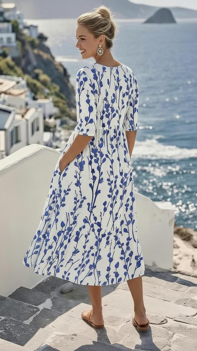 Jennifer - Coastal Blue Botanical Print Midi Dress
