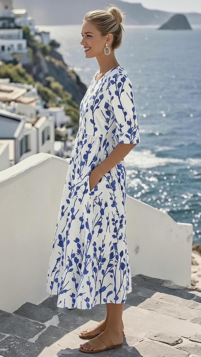 Jennifer - Coastal Blue Botanical Print Midi Dress