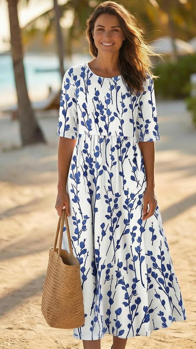 Jennifer - Coastal Blue Botanical Print Midi Dress