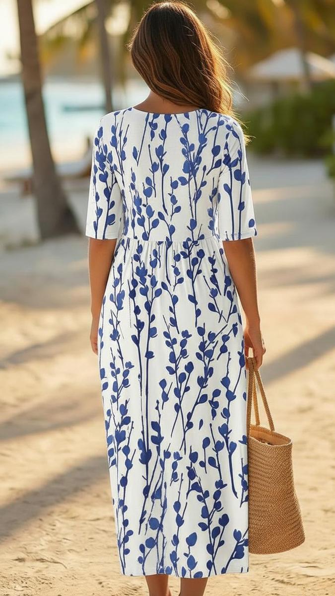 Jennifer - Coastal Blue Botanical Print Midi Dress