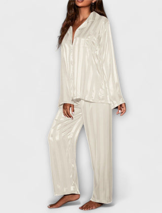 White casual set with button-front long-sleeve shirt and wide-leg striped trousers