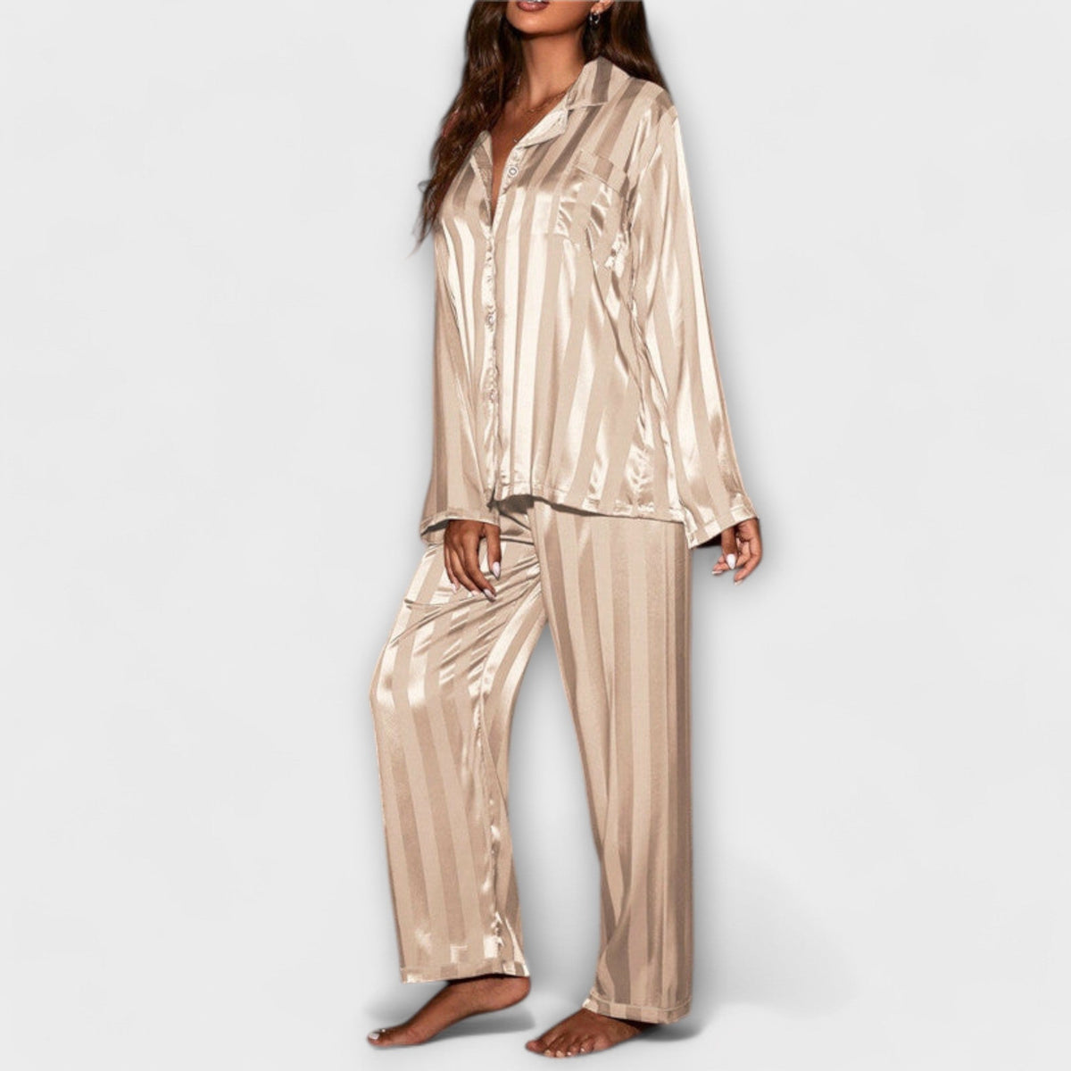 Beige casual set with button-front long-sleeve shirt and wide-leg striped pants