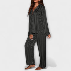Black casual set with button-front long-sleeve shirt and wide-leg striped pants
