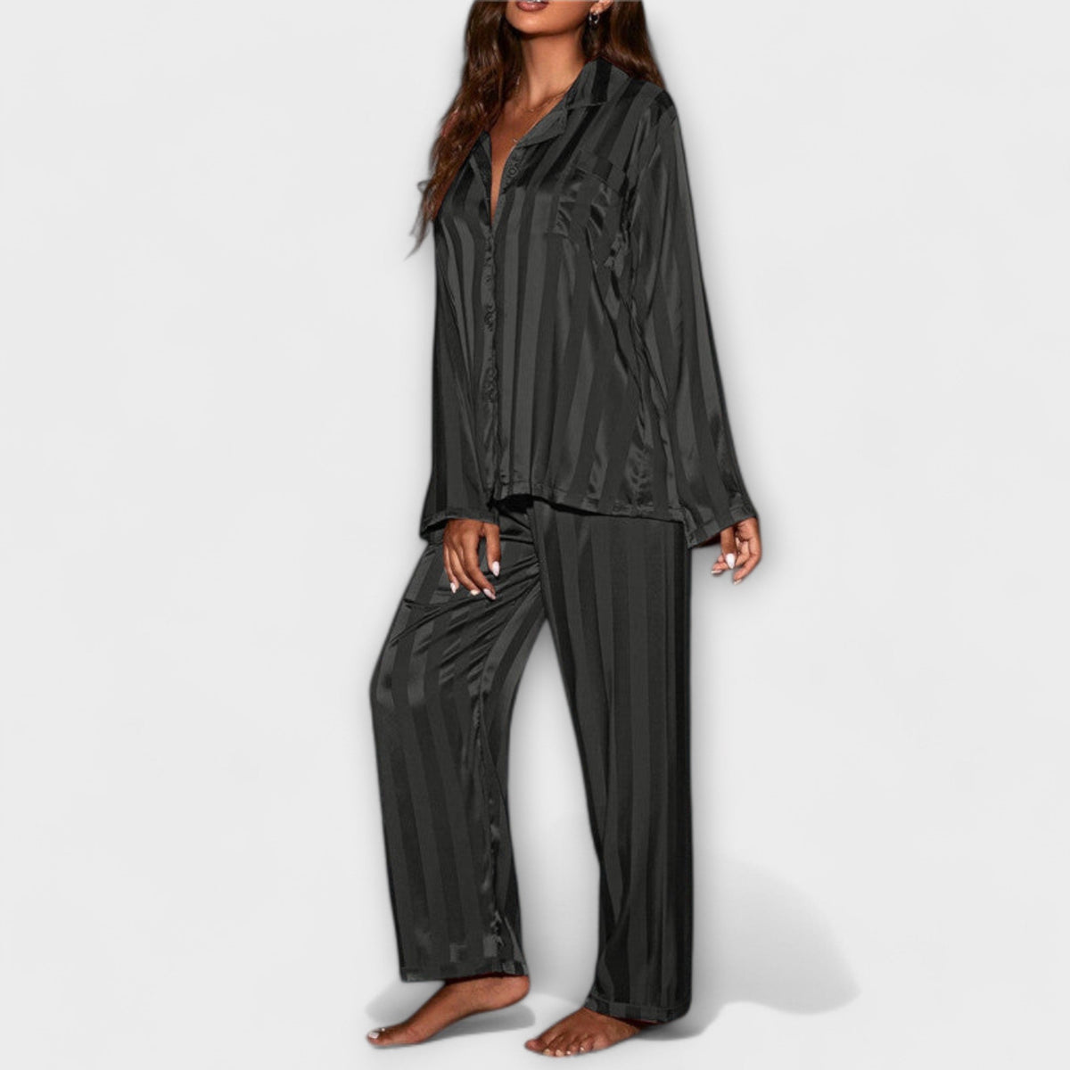 Black casual set with button-front long-sleeve shirt and wide-leg striped pants