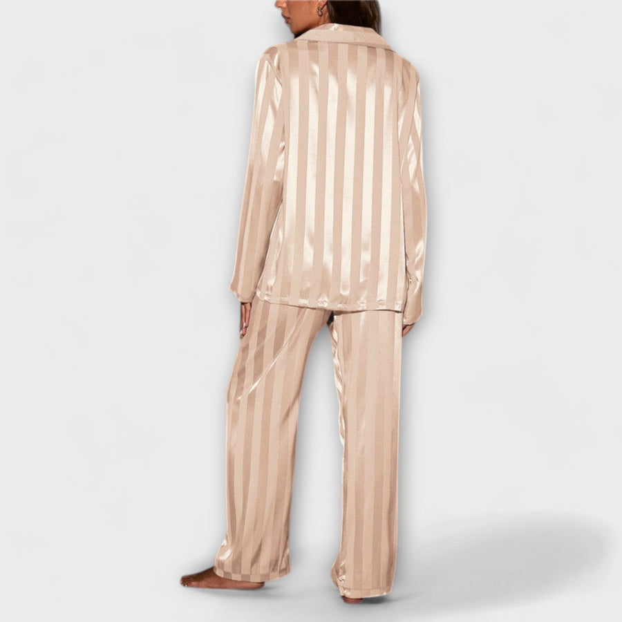 Beige casual set with long-sleeve button shirt and wide-leg striped trousers, back view