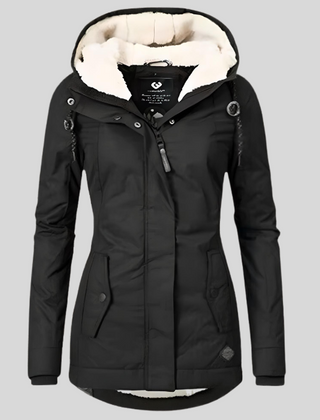 Black waterproof hooded jacket with faux-fur lining, zip front, and two front pockets.