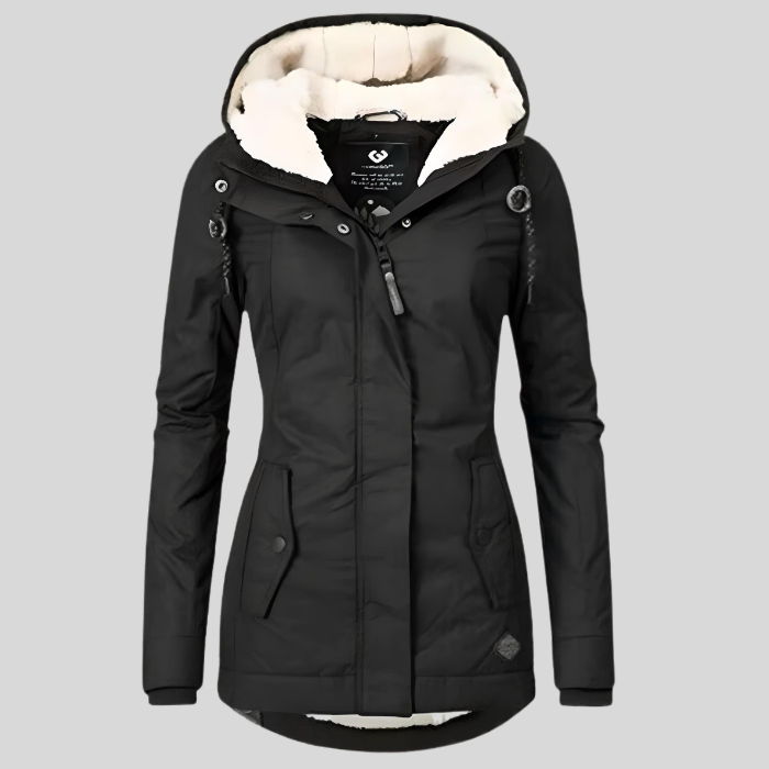 Black waterproof hooded jacket with faux-fur lining, zip front, and two front pockets.