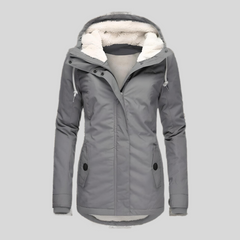 Gray waterproof hooded jacket with faux-fur lining, zip front, and front pockets.