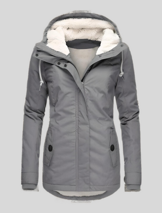 Gray waterproof hooded jacket with faux-fur lining, zip front, and front pockets.