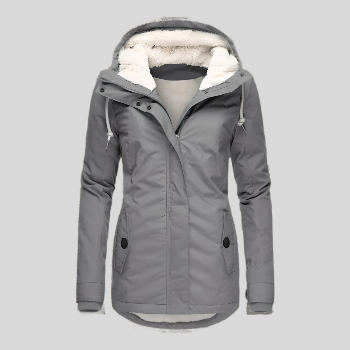 Gray waterproof hooded jacket with faux-fur lining, zip front, and front pockets.