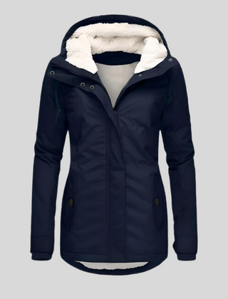 Navy waterproof hooded jacket with faux-fur lining, zip front, and buttoned utility pockets.