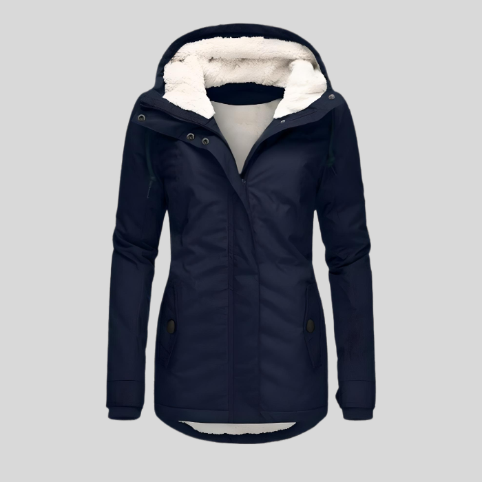 Navy waterproof hooded jacket with faux-fur lining, zip front, and buttoned utility pockets.