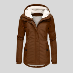 Khaki waterproof hooded jacket with faux-fur lining, zip front, and buttoned front pockets.