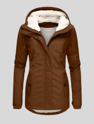 Khaki waterproof hooded jacket with faux-fur lining, zip front, and buttoned front pockets.