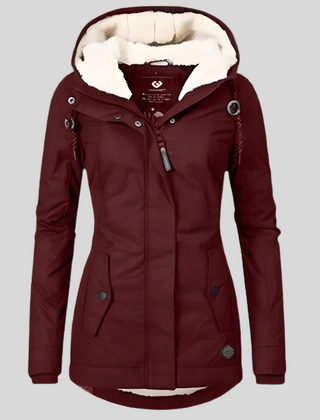 Red waterproof hooded jacket with faux-fur lining, zip front, and two front pockets.