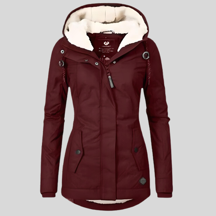 Red waterproof hooded jacket with faux-fur lining, zip front, and two front pockets.