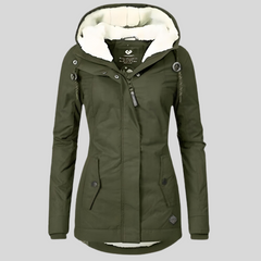 Green waterproof hooded jacket with faux-fur lining, zip front, and front utility pockets.