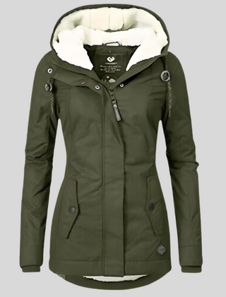 Green waterproof hooded jacket with faux-fur lining, zip front, and front utility pockets.
