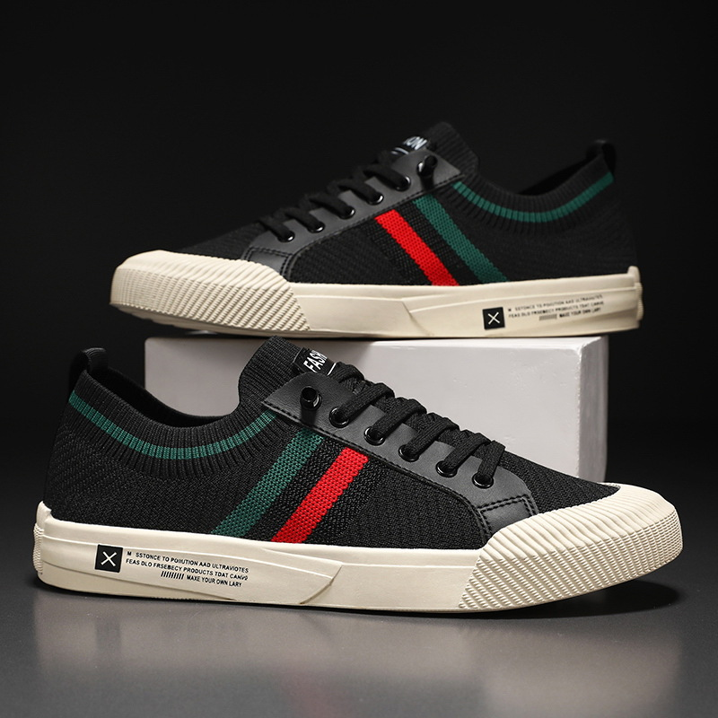 Black knit sneakers with multicolor side stripe, lace-up, thick rubber sole