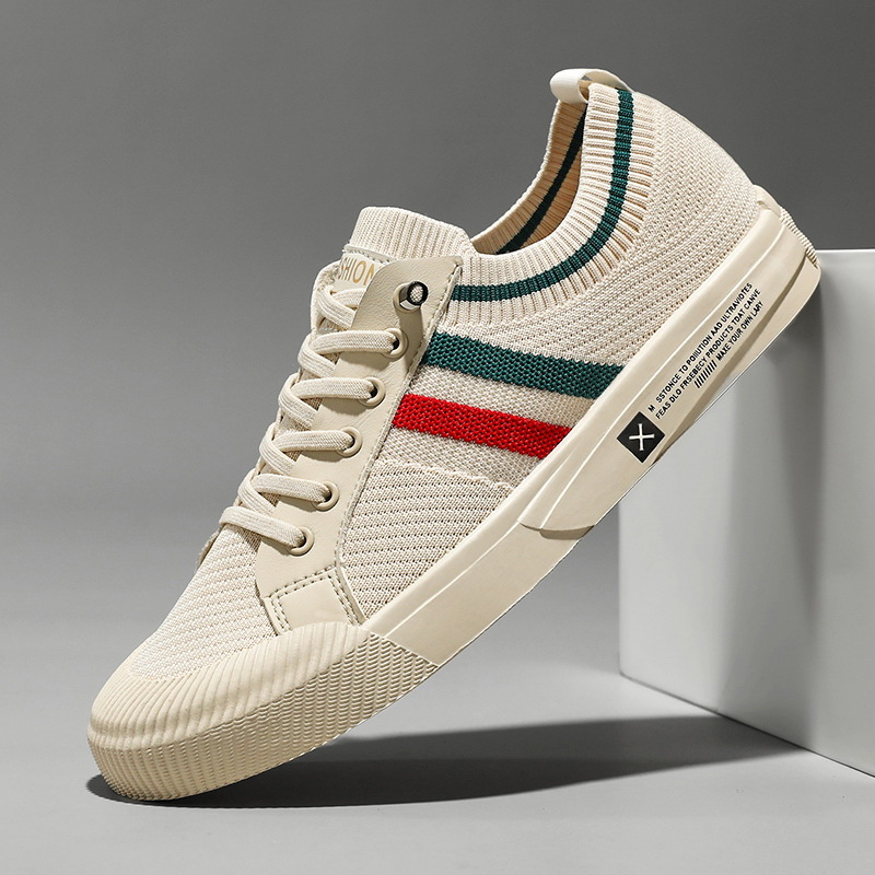 Sandstone knit sneakers with multicolor side stripe, lace-up, rubber sole
