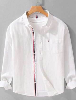 White linen button-up shirt with contrast vertical trim and chest pocket