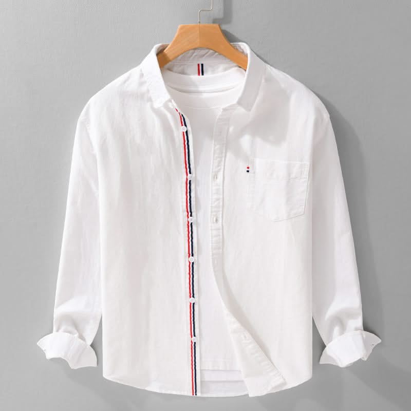 White linen button-up shirt with contrast vertical trim and chest pocket