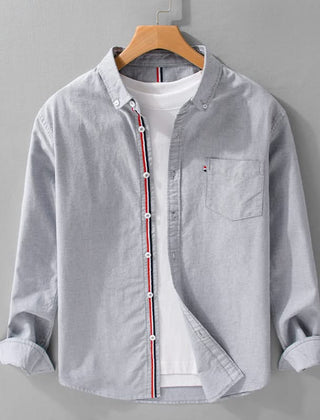 Grey linen button-up shirt with contrast vertical trim and chest pocket