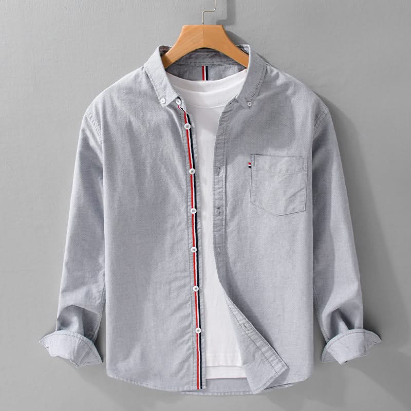 Grey linen button-up shirt with contrast vertical trim and chest pocket