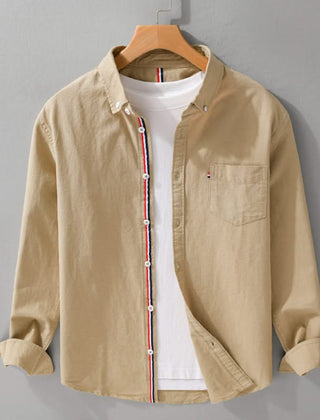 Khaki linen button-up shirt with contrast vertical trim and chest pocket