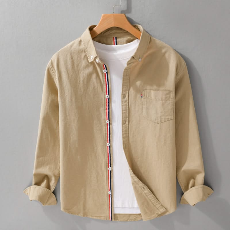 Khaki linen button-up shirt with contrast vertical trim and chest pocket