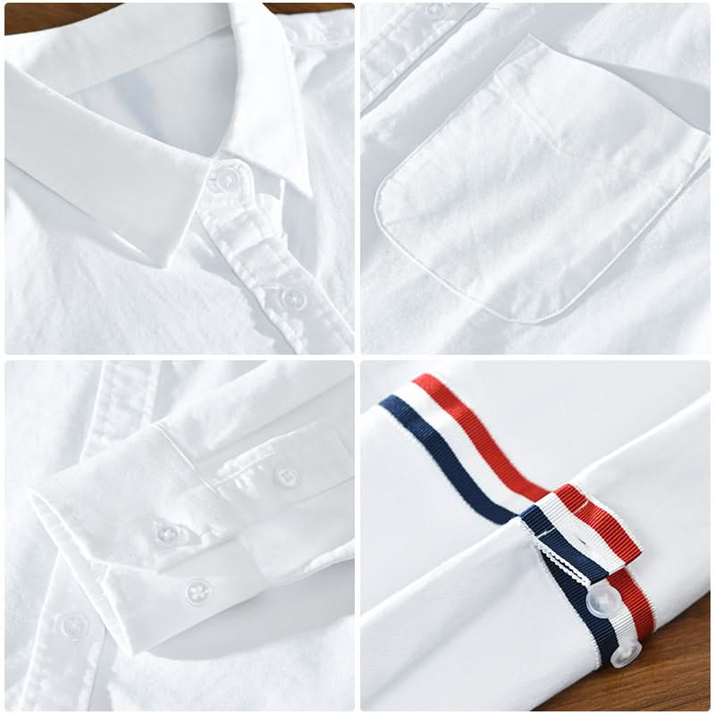 White linen shirt detail: button placket, chest pocket, and striped cuff