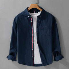Navy linen button-up shirt with contrast vertical trim and chest pocket