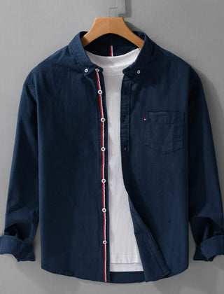 Navy linen button-up shirt with contrast vertical trim and chest pocket
