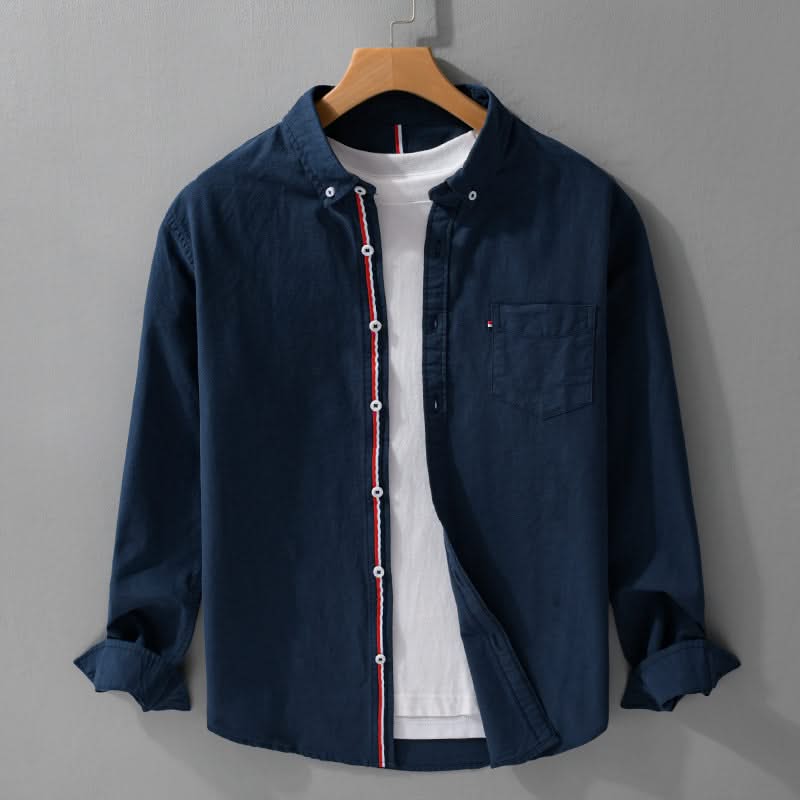 Navy linen button-up shirt with contrast vertical trim and chest pocket
