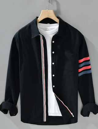 Black cotton button-up shirt with chest pocket and red striped sleeve panel