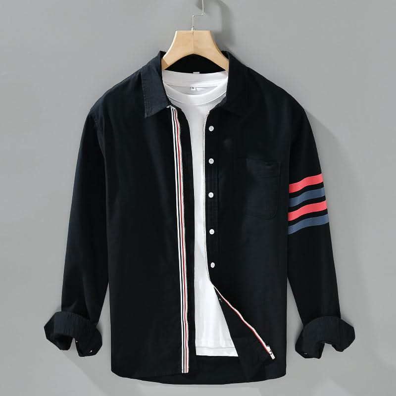 Black cotton button-up shirt with chest pocket and red striped sleeve panel