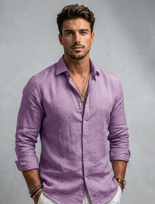 Men's long-sleeve button-up shirt, purple, spread collar with front buttons
