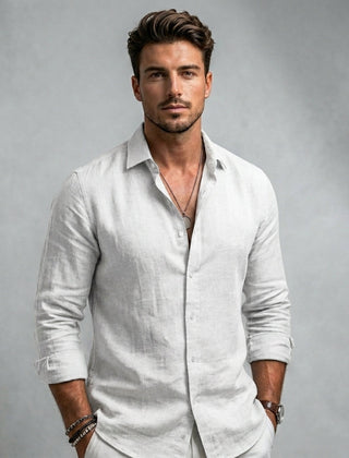 Men's long-sleeve button-up shirt, white, spread collar with front buttons