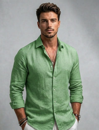 Men's long-sleeve button-up shirt, light green, spread collar with front buttons