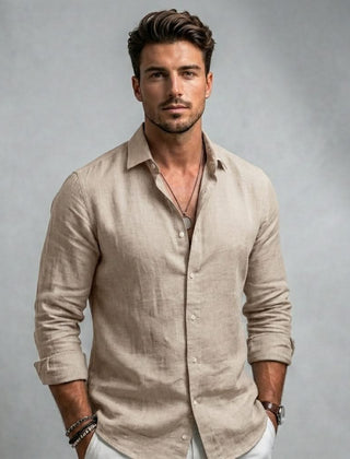 Men's long-sleeve button-up shirt, khaki, spread collar with front buttons