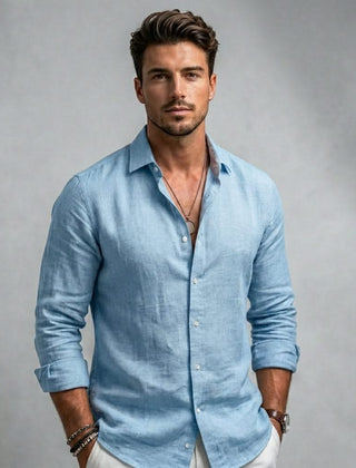 Men's long-sleeve button-up shirt, light blue, spread collar with front buttons