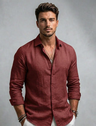 Men's long-sleeve button-up shirt, maroon, spread collar with front buttons