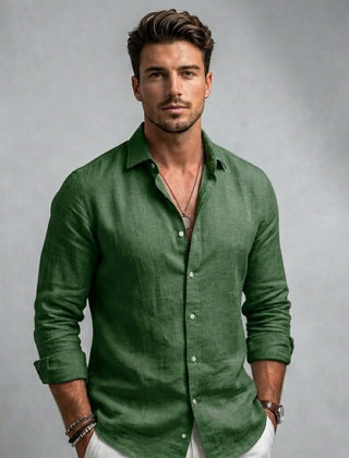 Men's long-sleeve button-up shirt, dark green, spread collar with front buttons