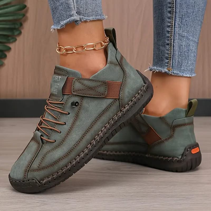 Olive orthopedic high-top sneakers with lace-up closure and side pull strap